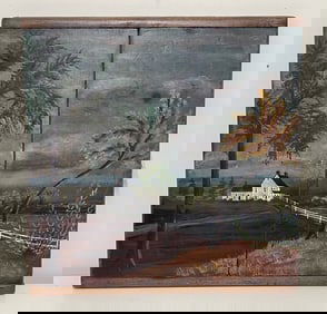 FOLK ART PAINTING OF FARM SCENE SIGNED LINDA STEELE