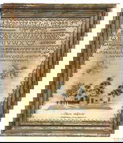 SAMPLER W/ HOUSE MARGARET SINGLETON 1827