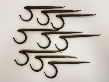 9 FORGED IRON HOOKS FOR HAT , COAT,OR IMPLEMENT HANGING