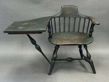 GREEN PAINTED UNUSUAL LOW BACK WRITING ARM , BULBOUS TURNED WINDSOR ARMCHAIR