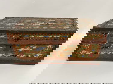EARLY 19TH C BRASS BOUND CAMPHOR WOOD CHINESE EXPORT DOCUMENT BOX, DECORATED IN RARE DECORATED RED