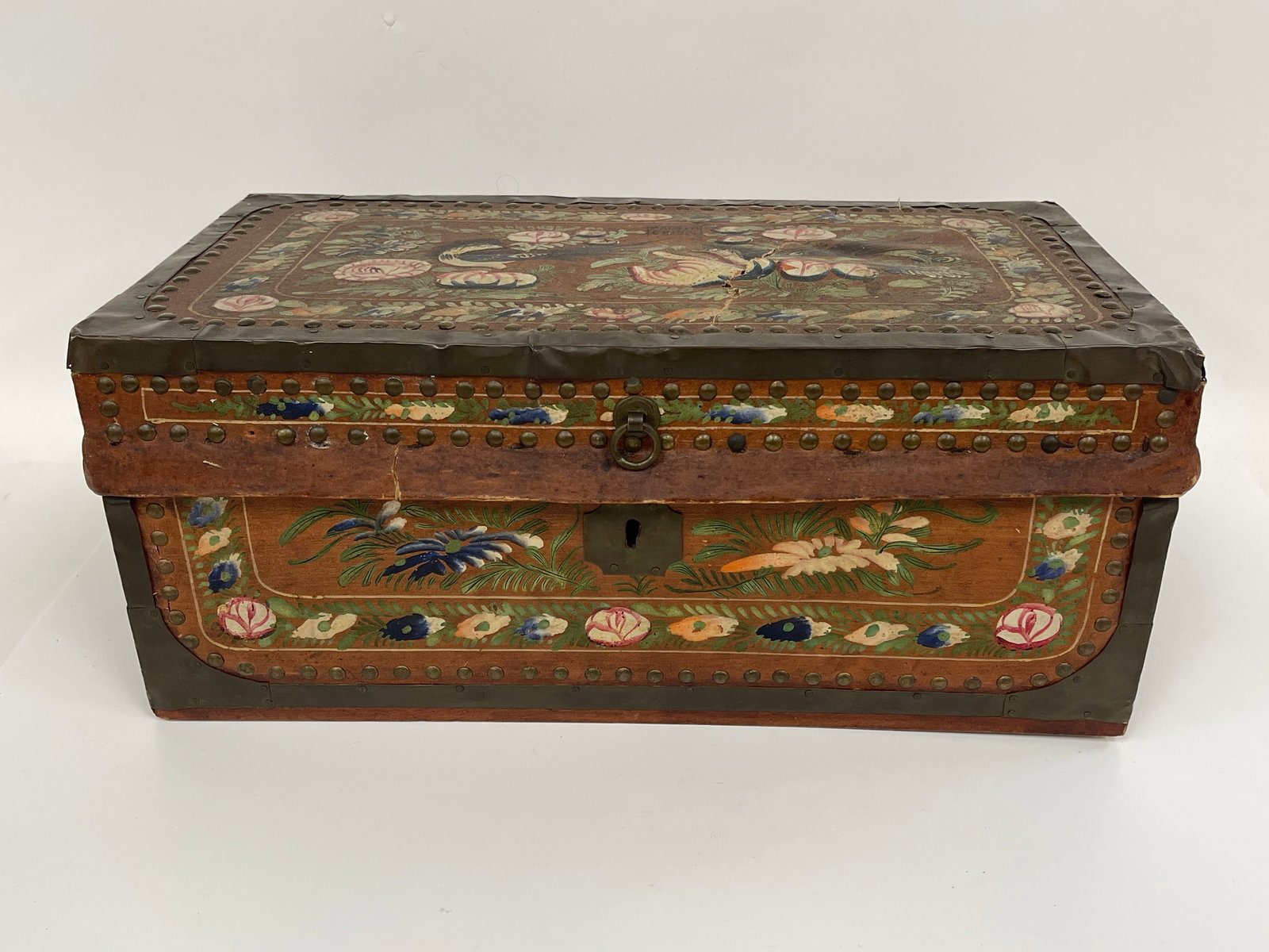 EARLY 19TH C BRASS BOUND CAMPHOR WOOD CHINESE EXPORT DOCUMENT BOX, DECORATED IN RARE DECORATED RED (1 of 6)