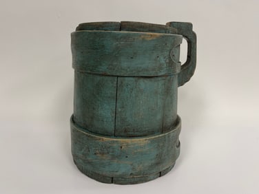 EARLY WOODEN PIGGIN W/ LAPPED WOODEN BANDS IN OLD BLUE PAINT