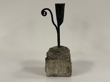 FORGED IRON RUSH LIGHT W/ CANDLE CUP IN AN ANCIENT TURNED WOODEN BASE