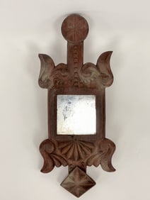 UNUSUAL FOLK CARVED HAND MIRROR IN REMNANTS OF OLD RED PAINT