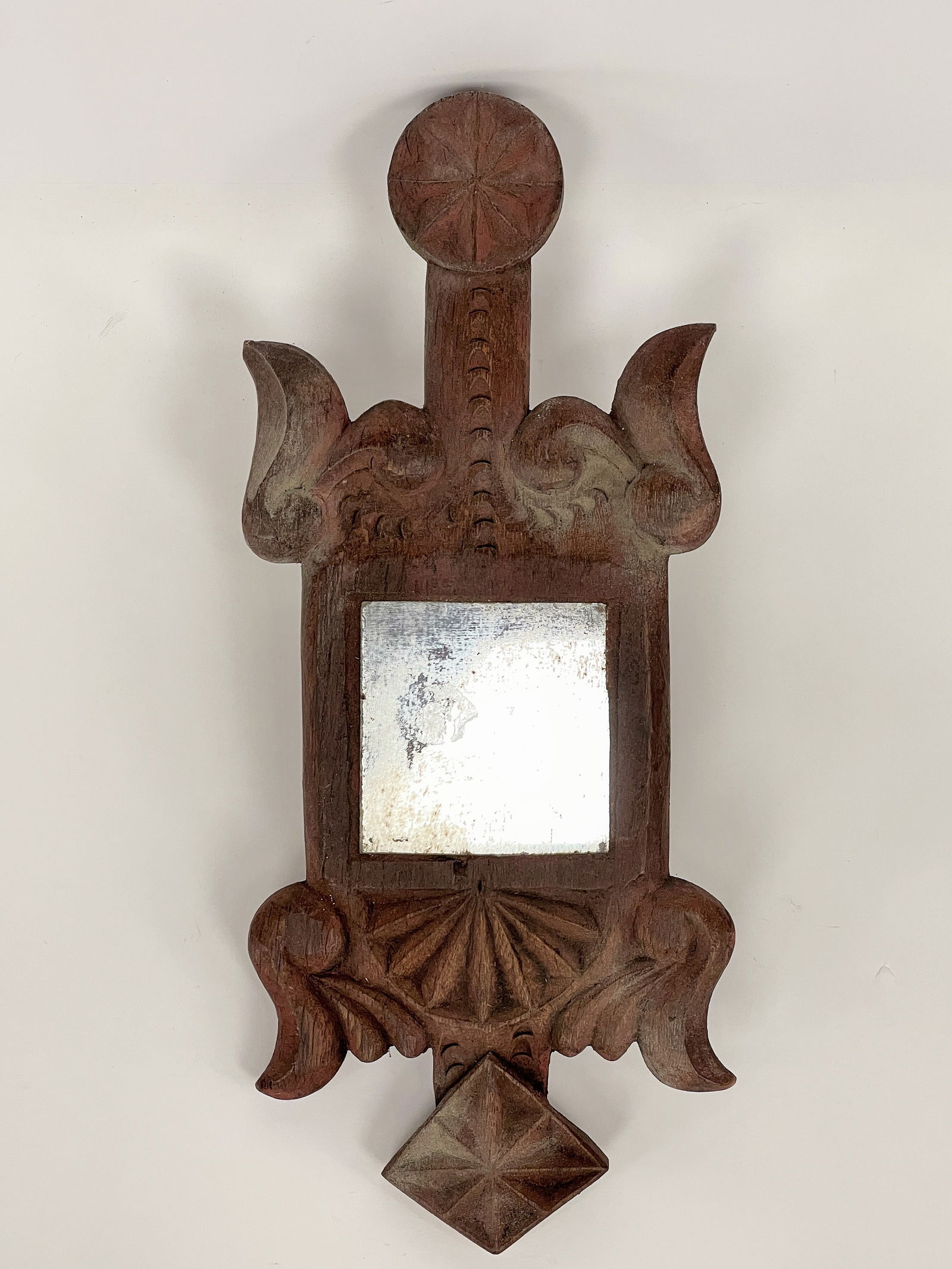 UNUSUAL FOLK CARVED HAND MIRROR IN REMNANTS OF OLD RED PAINT (1 of 4)