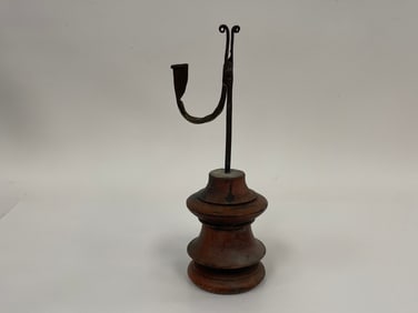 FANCY WOODEN BASE FORGED IRON RUSH LIGHT IN OLD RED W/ CANDLESTICK ARM