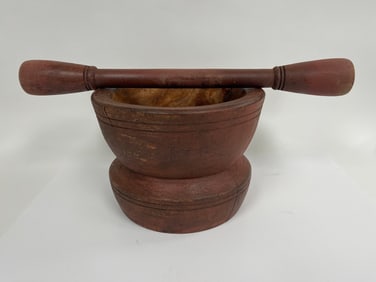 OVERSIZED HEAVY WOODEN MORTAR W/ ORIGINAL 2 ENDED PESTLE
