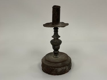 FABULOUS SHEET IRON & BRONZE CANDLESTICK MAKE DO IN A CARVED WOODEN BASE