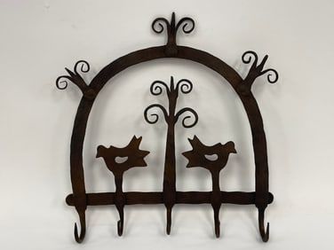 WOODEN BASE FORGED IRON RUSH LIGHT IN SHABBY BLUE PAINT