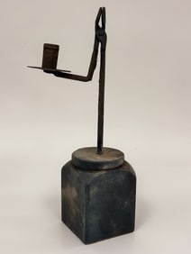 WOODEN BASE FORGED IRON RUSH LIGHT IN SHABBY BLUE PAINT