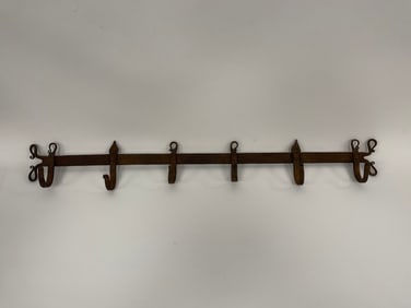 18TH C FORGED IRON IMPLEMENT BAR W/ UNUSUAL FINIALS & DECORATIVE
