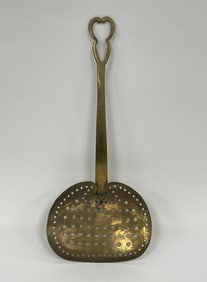 VERY NICE SOLID BRASS EARLY 19TH C BROTH SKIMMER