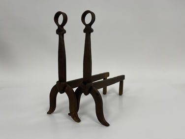 PAIR OF APPRENTICE MADE HEART MOTIF MINIATURE ANDIRONS W/ LOOP FINIALS