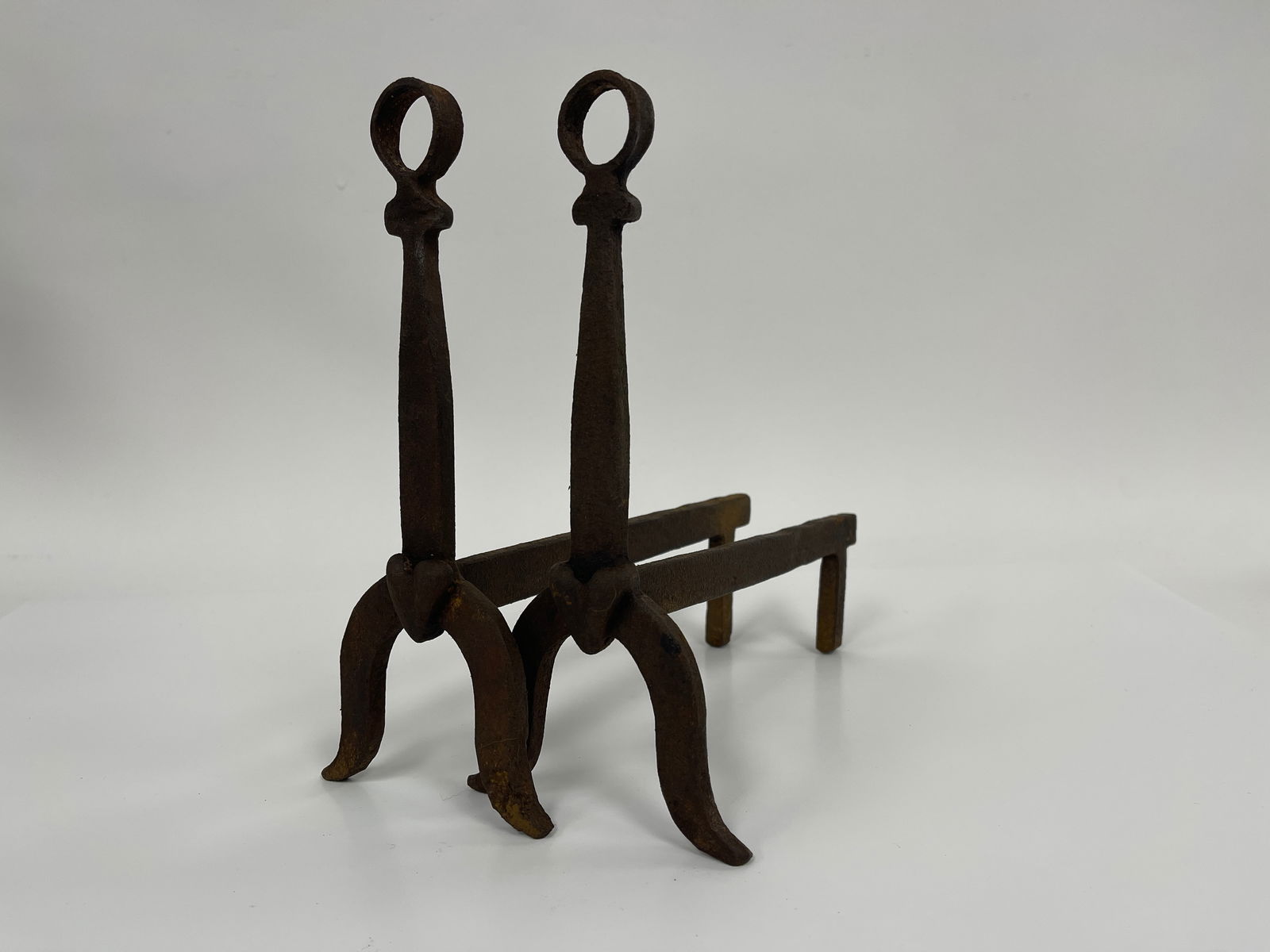 PAIR OF APPRENTICE MADE HEART MOTIF MINIATURE ANDIRONS W/ LOOP FINIALS (1 of 3)