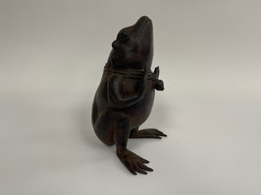 CAST BRONZE STANDING FROG W/ DECORATIVE BELL NECKLACE