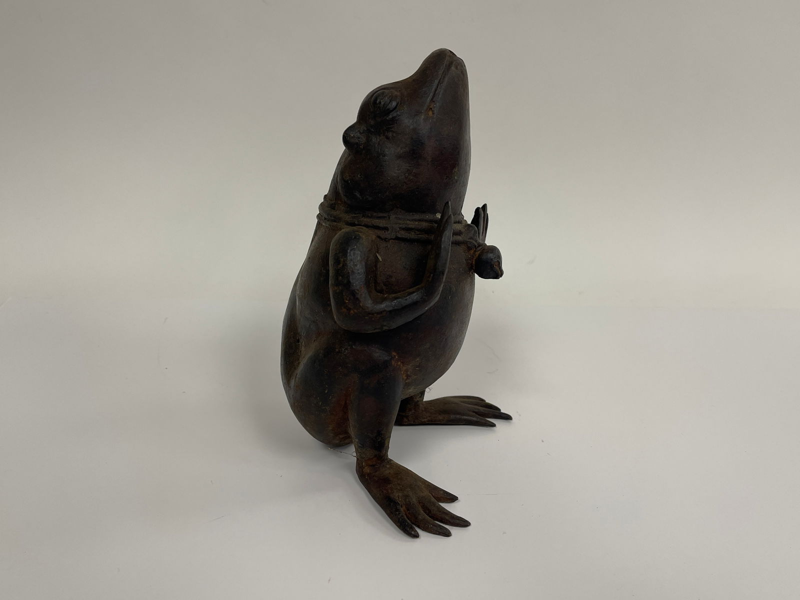 CAST BRONZE STANDING FROG W/ DECORATIVE BELL NECKLACE (1 of 4)