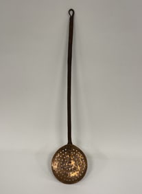 18TH C COPPER SKIMMER W/ FORGED IRON HANDLE