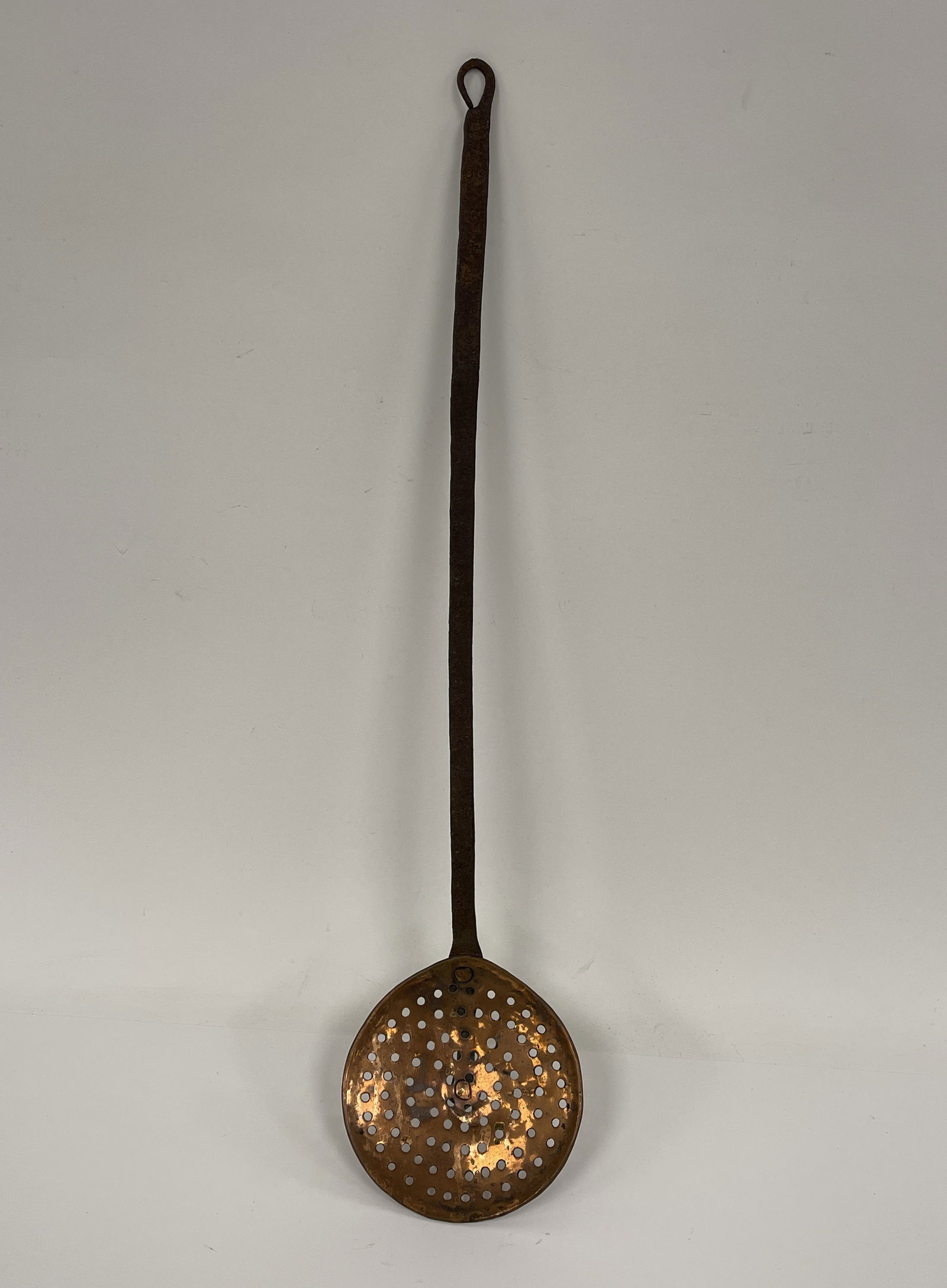 18TH C COPPER SKIMMER W/ FORGED IRON HANDLE (1 of 3)