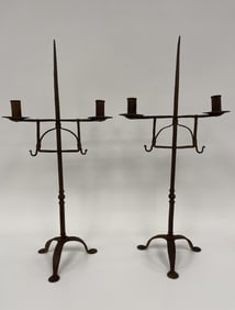 PAIR OF TALL ADJUSTABLE QUEEN ANNE BASED FORGED FORGED IRON DOUBLE SOCKETED TABLE TOP LIGHTING