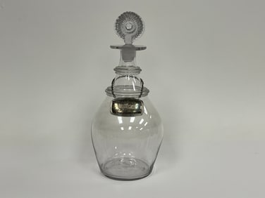 BLOWN SANDWICH GLASS DECANTER W/ PLATED HANGING LABEL