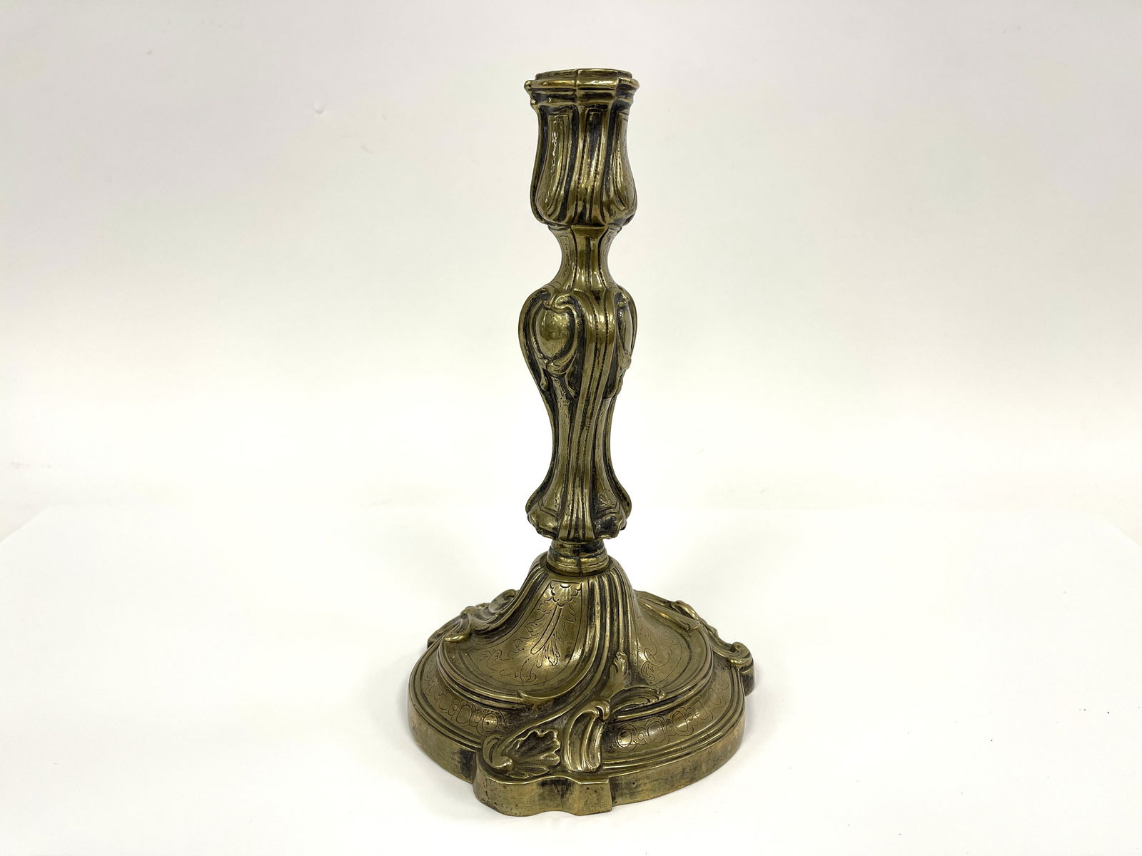 FABULOUS FRENCH C 1780 BRASS CANDLESTICK IN UNUSUALLY STYLISTIC CASTING (1 of 5)