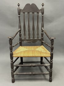 BANNISTER BACK ARMCHAIR W/ CANTED ARMS & MUSHROOM HANDS IN OLD BLACK PAINT