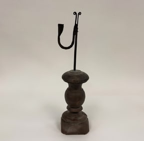 UNUSUAL WOODEN BASED TALL RUSH LIGHT IN THE ORIGINAL EARLY PAINTED FINISH