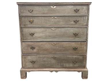 EARLY NEW ENGLAND BLANKET CHEST IN OLD BLUES GRAY OVER RED GROUND FINISH, BRACKET BASE & COTTER PIN