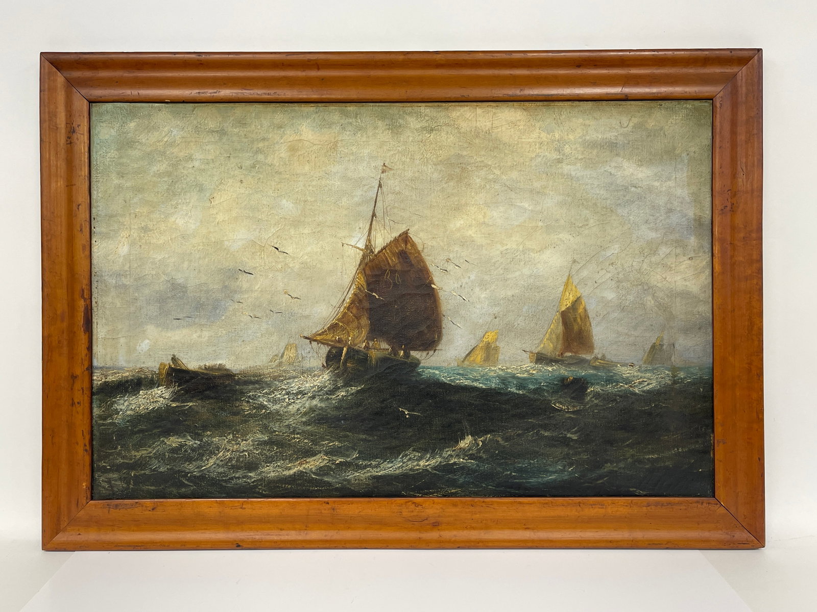 O/C PAINTING OF SHIPS AT SEA, ORIGINAL BIRDSEYE MAPLE FRAME,22 X 32: O/C PAINTING OF SHIPS AT SEA, ORIGINAL BIRDSEYE MAPLE FRAME,22 X 32