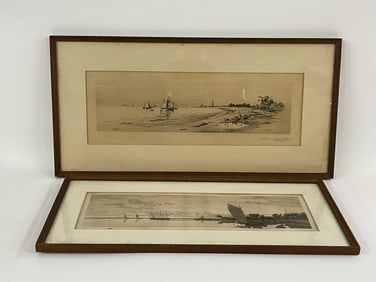 TWO 19TH C ETCHINGS OF SANDY HOOK, CT. 7 X 20, 6 X 19