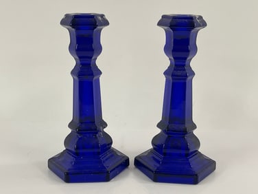 PAIR COBALT BLUE GLASS CANDLESTICKS, 8" EACH