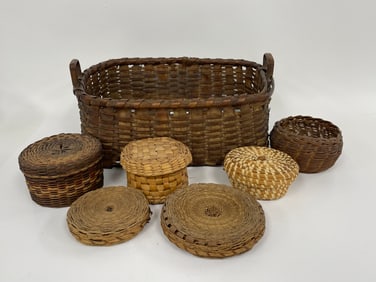GROUPING OF SEVEN BASKETS, LARGEST 12 X 16 X 6
