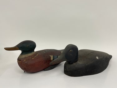 TWO FOLK ART PAINTED DECOYS 18 X 8