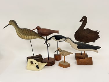 GROUPING OF SEVEN BIRD DECOYS, WOOD, IRON, LARGEST 14 X 14