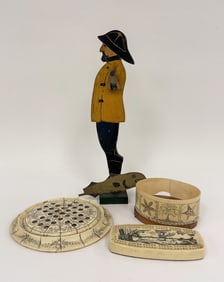 GROUPING OF SAILOR MADE ITEMS,SCRIMSHAW OVER RESIN, FISHERMAN WHIRLIGIG 16"