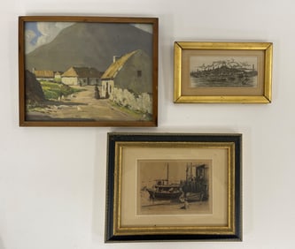 THREE FRAMED ITEMS PRINTS, ETCHINGS, LARGEST 8 X 10