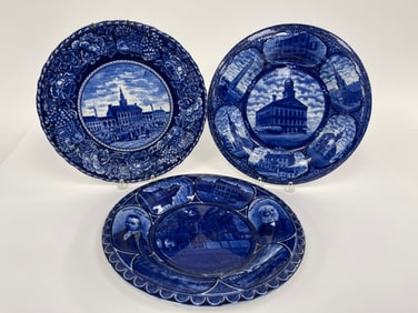 THREE HISTORICAL FLOW BLUE PLATES 10"