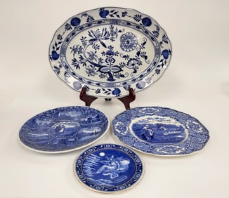 GROUPING OF PLATES, MEISSEN BLUE ONION PLATTER, 12 X 16, THREE PLATES 10"