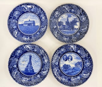 FOUR MISC. FLOW BLUE PLATES 10"