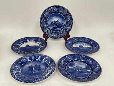 FIVE MISC. FLOW BLUE PLATES 10"