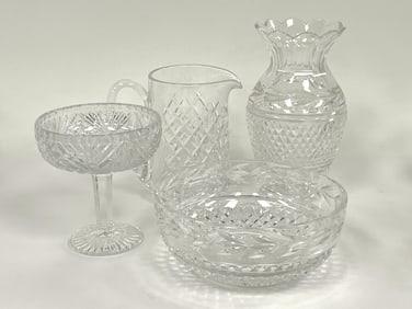 FOUR PIECE WATERFORD CRYSTAL LISMORE, BOWL 8 X 3.5, VASE 9", PITCHER 6.5, CANDY DISH 5 X 6