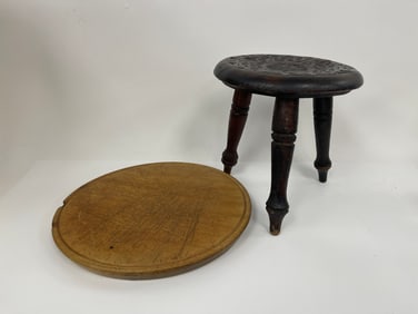 LOT OF treen items a.   18th c treen plate - 7 3/4" out of round b.   DIMINUTIVE CHIP CARVED FOOT