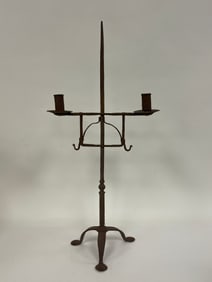 EARLY 19TH -19TH HAND FORGED WROUGHT IRON ADJUSTABLE CANDLE HOLDER IN OLD SURFACE