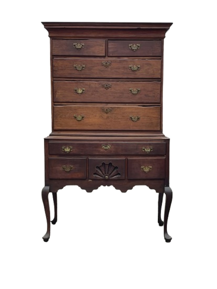 EARLY 18TH C WOODBURY CT QA FAN CARVED QA HIGHBOY IN OLD SURFACE PERIOD REPLACED BRASSES CHERRY (1 of 7)