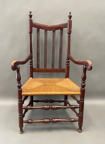 BANNISTER BACK ARMCHAIR LONG ISLAND C.1740 ALL ORIGINAL IN OLD RED WASH