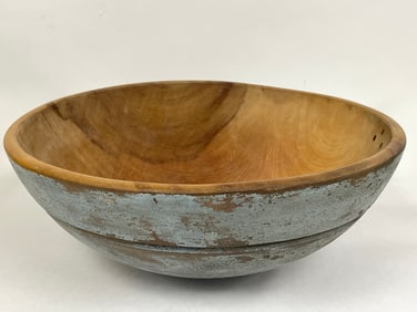 LARGE TURNED MAPLE BOWL IN OLD BLUE PAINT LATE 19TH C