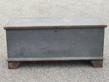 SMALL 18TH C BLANKET CHEST CUT SIDES IN OLD BLUE PAINT INTERIOR WITH TIL AND TWO DRAWERS C.1780