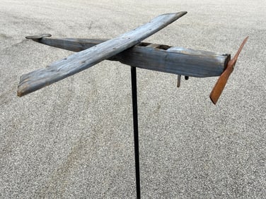FOLK ART CARVED AIRPLANE WEATHERVANE IN ORIGINAL OLD BLUE PAINT ON CUSTOM MADE STAND