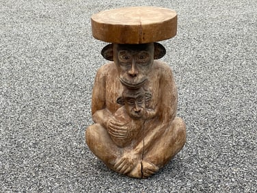 CARVED WOODEN PEDESTAL OF TWO MONKEYS